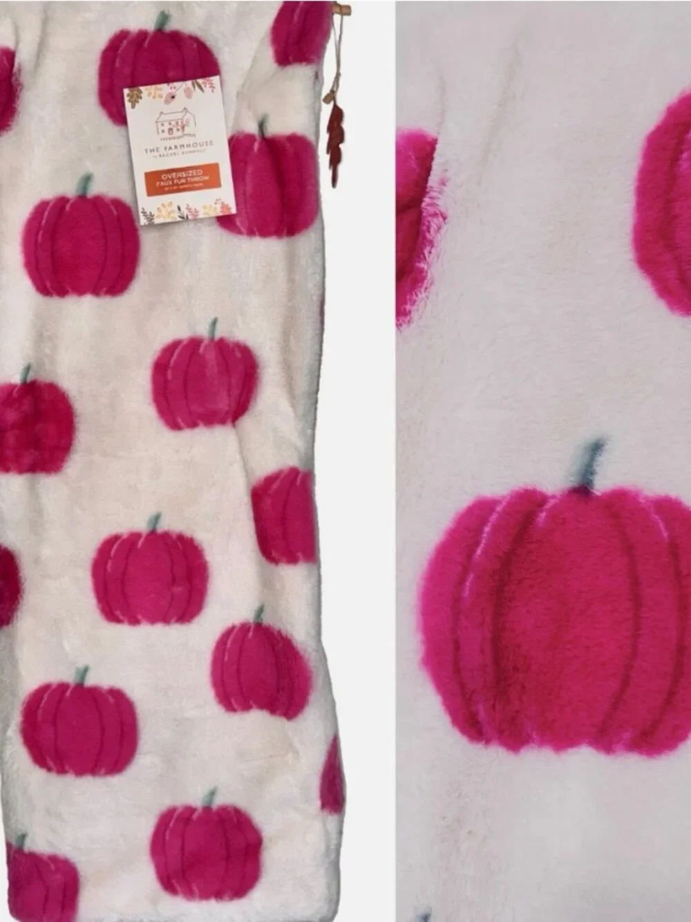 Rachel Ashwell Hot Pink Pumpkin Faux Fur Throw Blanket Fall Decor 50x70 NEW